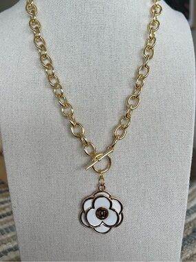 Upcycled Authentic Stamped Chanel Camellia Pendant on 14K Gold Plated Necklace
